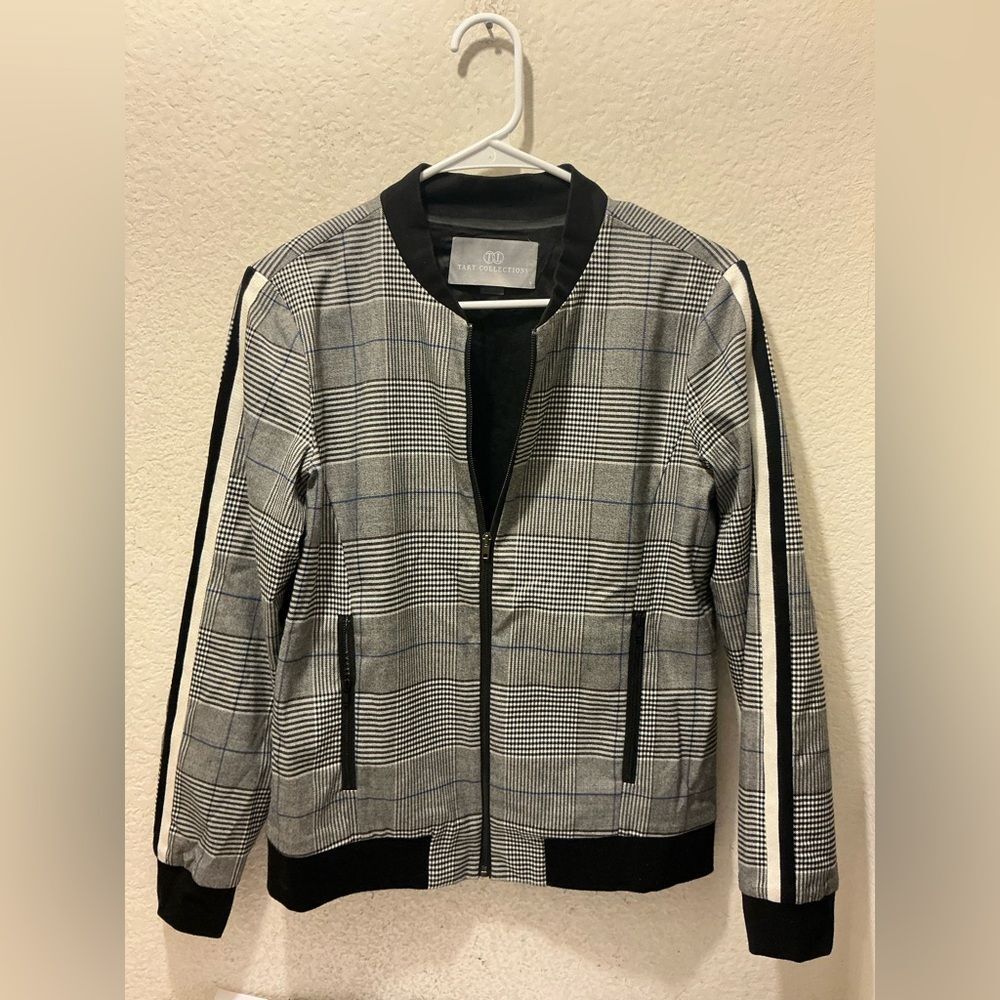 Tart Collections Black, White & Gray Plaid Bomber Jacket with Side Stripes